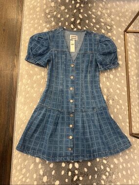 Anthropologie Blue Denim Button-Front Puff-Sleeve Mini Dress
